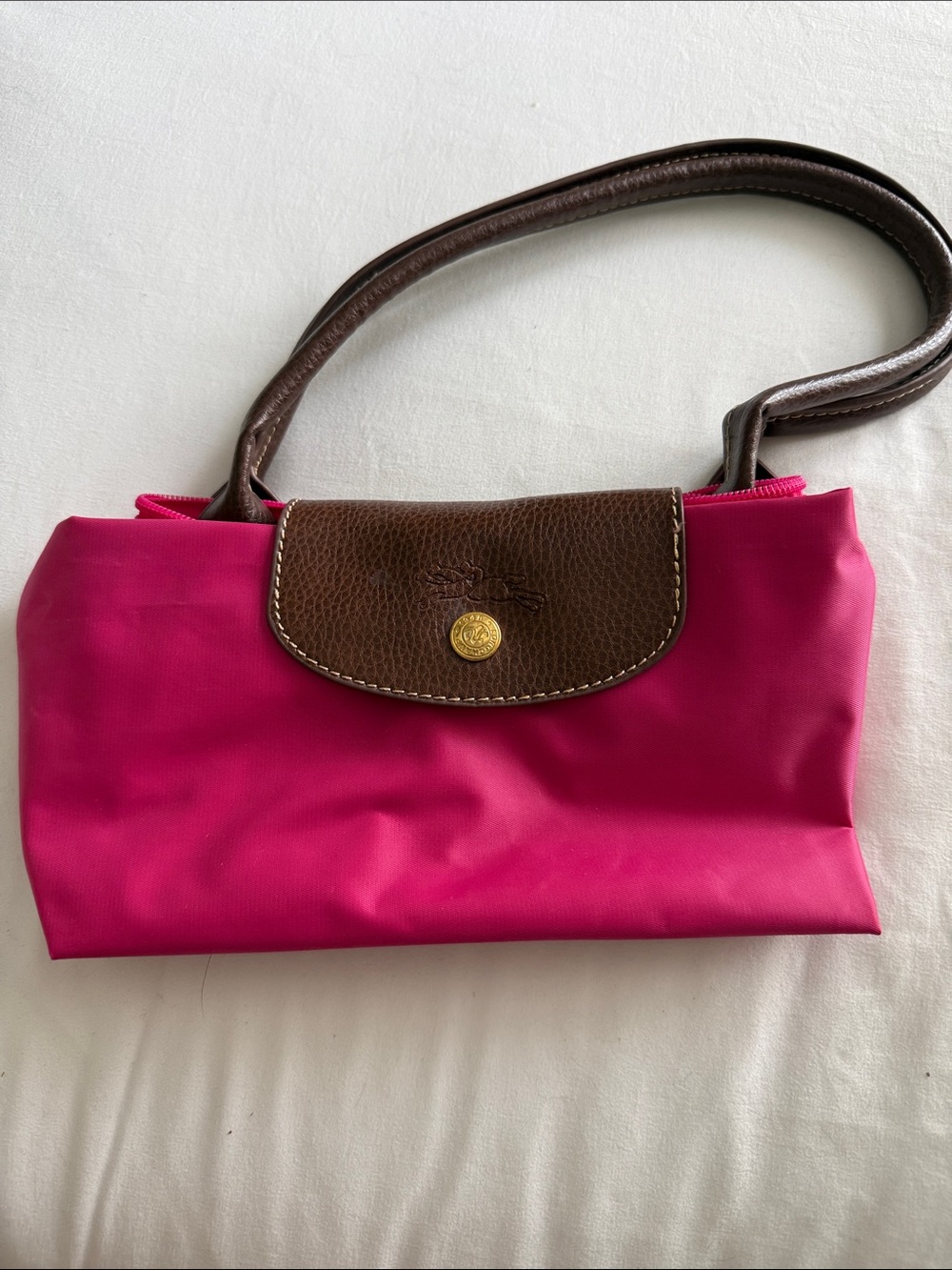 Longchamp Pink Shoulder Bag with Brown Leather Trim